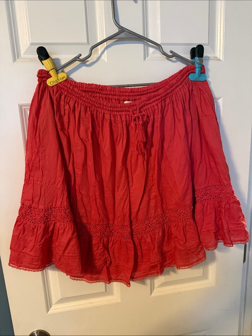 LOFT Coral-Red Tiered Midi Skirt with Crochet Trim